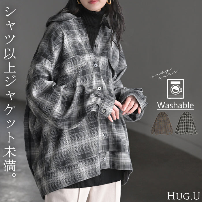 シャケット シャツ ジャケット チェックシャツ レディース トップス ロング ロングシャツ アウター チュニック 長袖 チェック 柄 羽織 ライトアウター きれいめ ゆったり オーバーサイズ 大きいサイズ 体型カバー お尻が隠れる メンズライク 黒 秋 冬 HUG.U