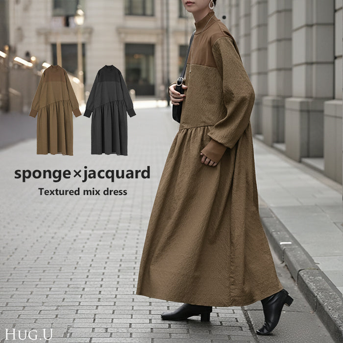 2025AW新作 ワンピース 異素材 ジャガード スポンジニット