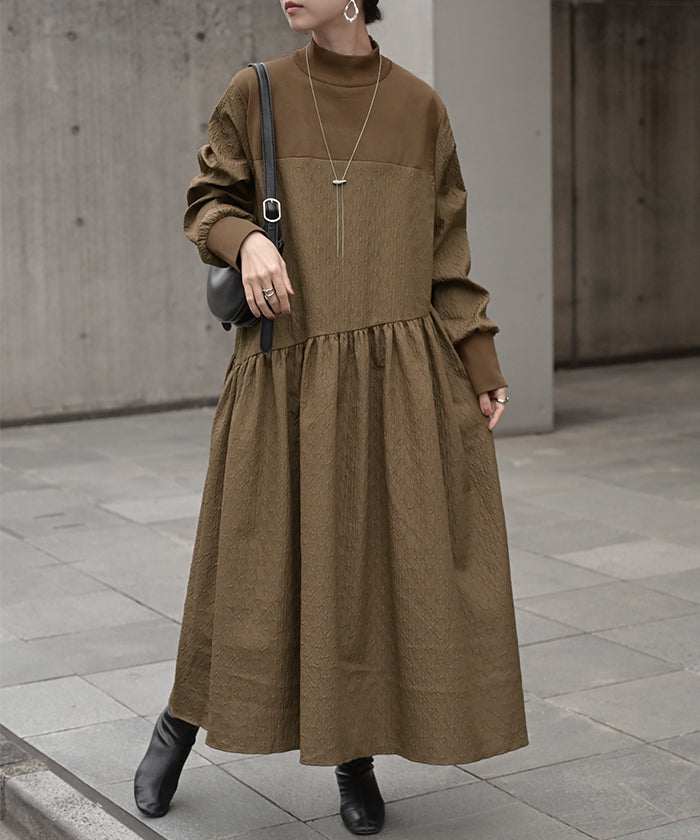 2025AW新作 ワンピース 異素材 ジャガード スポンジニット ロング 長袖