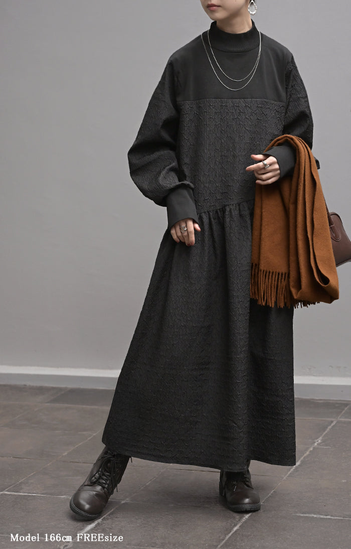 2025AW新作 ワンピース 異素材 ジャガード スポンジニット ロング 長袖