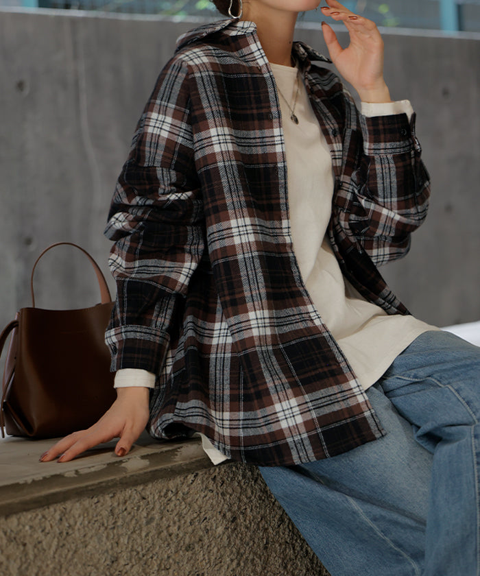 シャツ 綿100％ ネルシャツ チェック レディース ブラウス ■一部11月下旬入荷 トップス ロング ロングシャツ チュニック 長袖 総柄 羽織 ライトアウター レイヤード きれいめ ゆったり 大きいサイズ 体型カバー お尻が隠れる コットン カジュアル グレー ブラウン 秋 冬 HUG.U / ブラウン / フリーサイズ(F)