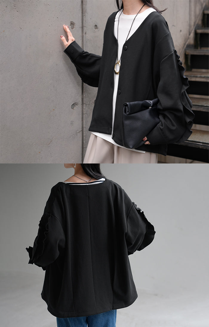 2025AW新作 アウター ジャケット フリル ダンボール レディース ロング Vネック ノーカラー 無地 長袖 羽織 ライトアウター チュニック オーバーサイズ シワになりにくい 軽い 暖かい 大きいサイズ 体型カバー きれいめ 黒 ブラック 秋 冬 HUG.U 2025AW新作 アウター ジャケット フリル ダンボール レディース ロング