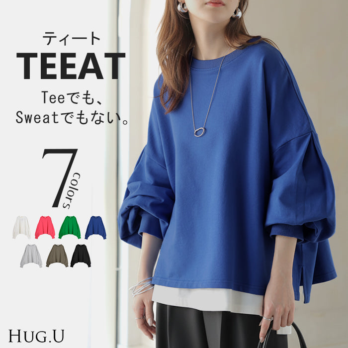 【早割10%OFF】 2026SS新作 トップス 「Tシャツ以上スウェット未満」■一部4月上旬入荷 ロンT スウェット ジャスト丈 レディース プルオーバー 綿100% Tシャツ 長袖 トレーナー リブ ボリューム袖 カットソー 体型カバー スリット クルーネック 裏毛 重ね着 カジュアル グリーン ピンク 春 夏 HUG.U