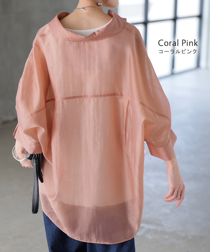 OUR 上品な透け感 リネン風シャツ シアーシャツ コーラルベージュ 上品