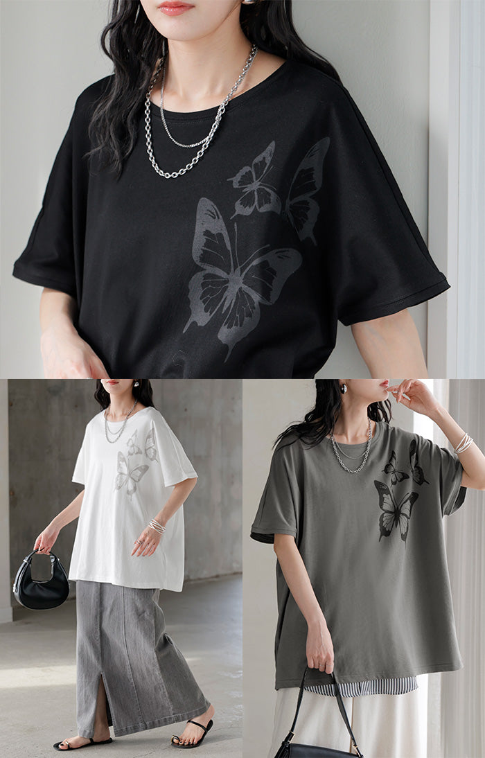 2026SS新作 Tシャツ プリント 蝶 綿100 □6月上旬入荷 レディース