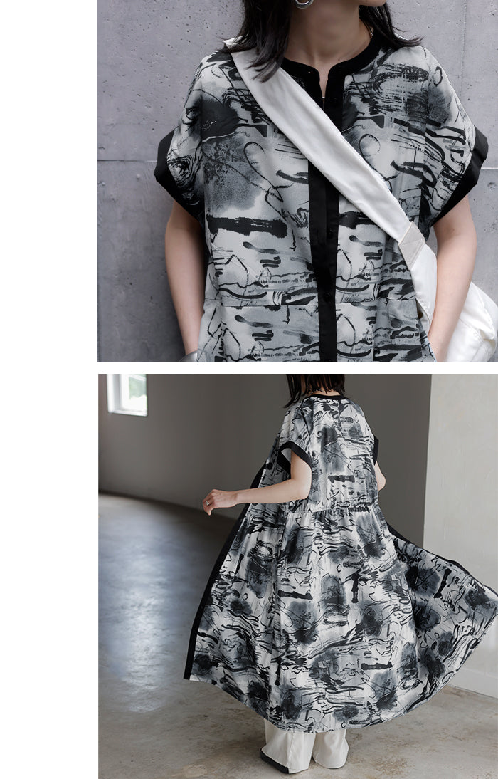 ワンピース アート 柄 フレンチスリーブ レディース ロング ロング