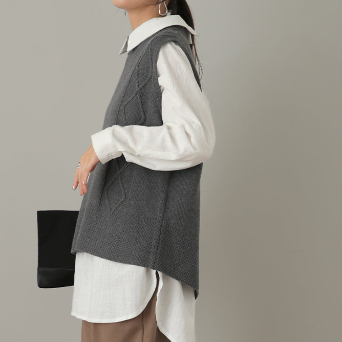 ケーブル編み 「 ニット ベスト 」 レイヤード ニット ベスト