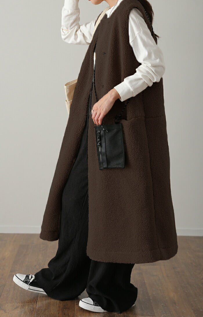 ボア ジレ 「即お洒落」前開き ベストロングベスト ノーカラー