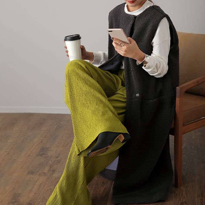 ボア ジレ 「即お洒落」前開き ベストロングベスト ノーカラー