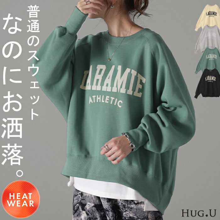 かたち今っぽ。短め丈「ぽわん袖」 ロゴ スウェット レディース トレーナー トップス カレッジロゴ 大きいサイズ 無地 裏起毛 ドルマンスリーブ スエット プルオーバー ビッグ ドロップショルダー ビッグシルエット コクーン 長袖 黒 春 夏 HUG.U
