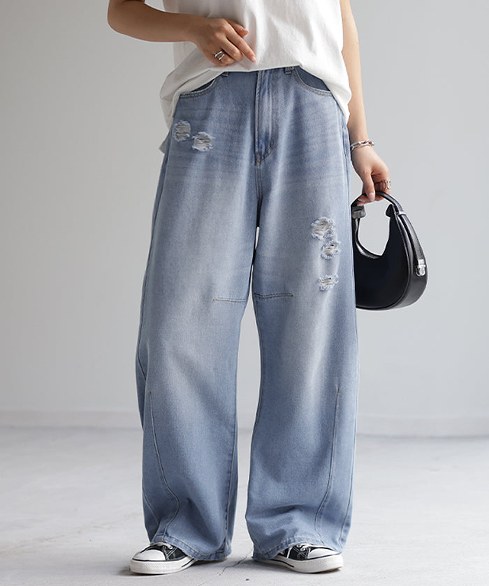 デニム お洒落 カーブパンツ デニムパンツ パンツ レディース タック