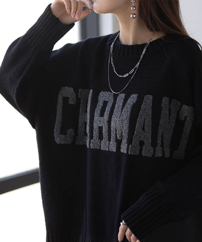 ニット ロゴ 刺繍 チュニック ロング トップス セーター