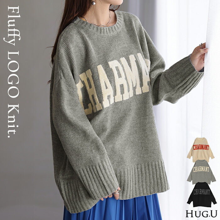 ニット ロゴ 刺繍 チュニック ロング トップス セーター オーバーサイズ 長袖 ドルマン ロゴニット オーバー リブ クルーネック ドロップショルダー ざっくり プルオーバー 長い チクチクしない 大きいサイズ 体型カバー カジュアル 黒 春 夏 HUG.U
