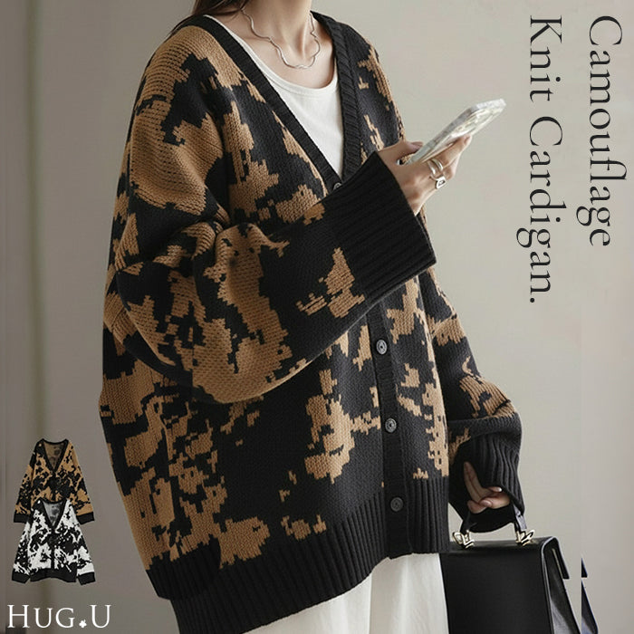 カーディガン カモフラージュ柄 ニット レディース セーター カーデ