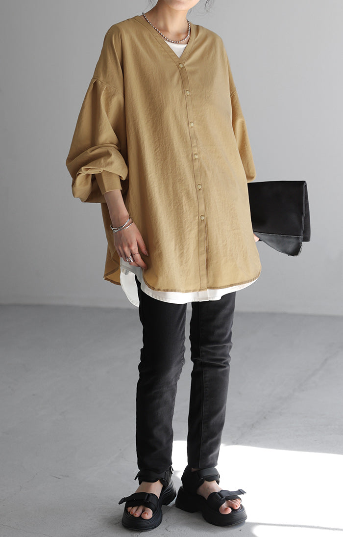 シャツ ぽわん袖 長袖 トップス レディース ロング ロングシャツ