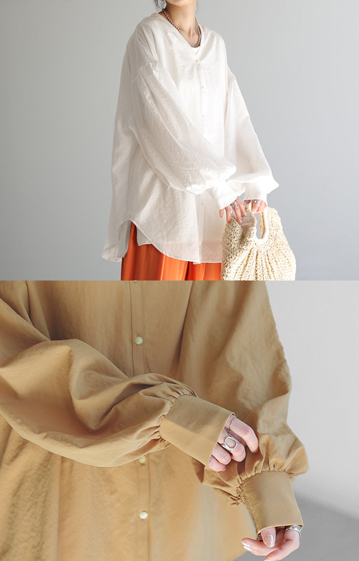 シャツ ぽわん袖 長袖 トップス レディース ロング ロングシャツ