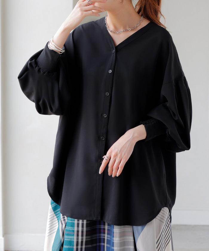 パラスパレス リネン100% ノーカラー ロングシャツ チュニック ブルー パラスパレス リネン100% ノーカラー ロングシャツ チュニック