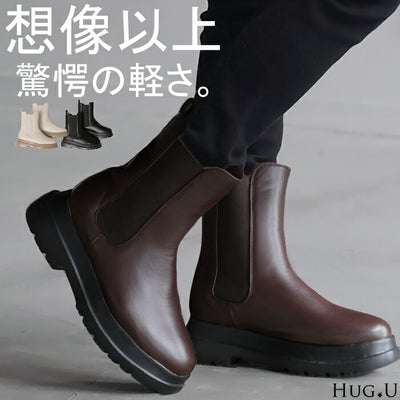 23.0cm ～ 24.5cm ブーツ サイドゴア サイドゴアブーツ 5センチヒール ゴム レディース 靴 厚底 シューズ 歩きやすい 疲れない 軽い ブラック ミドルブーツ カジュアル ボリュームソール トラックソール トラックソールブーツ くつ クツ 春 夏 黒 HUG.U