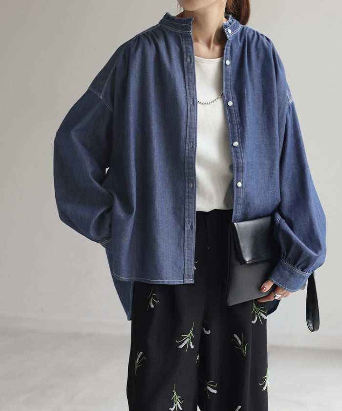 シャツ デニム コンパクト目 ロング レディース デニムシャツ トップス アウター ロングシャツ チュニック ノーカラー フリンジ 長袖 羽織 HUG.U シャツ デニム コンパクト目 ロング レディース デニム