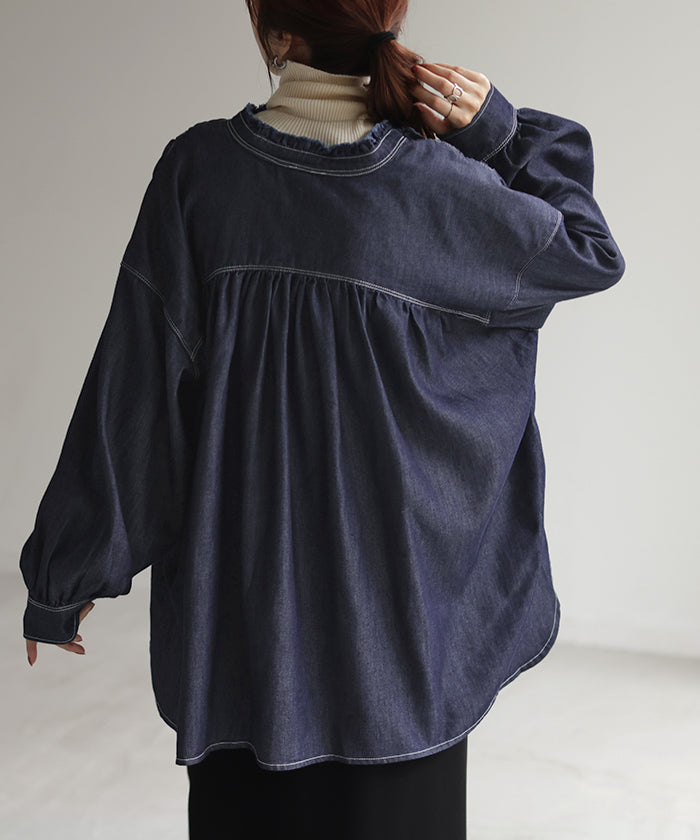 シャツ デニム コンパクト目 ロング レディース デニムシャツ トップス アウター ロングシャツ チュニック ノーカラー フリンジ 長袖 羽織 シャツ デニム コンパクト目 ロング レディース デニムシャツ