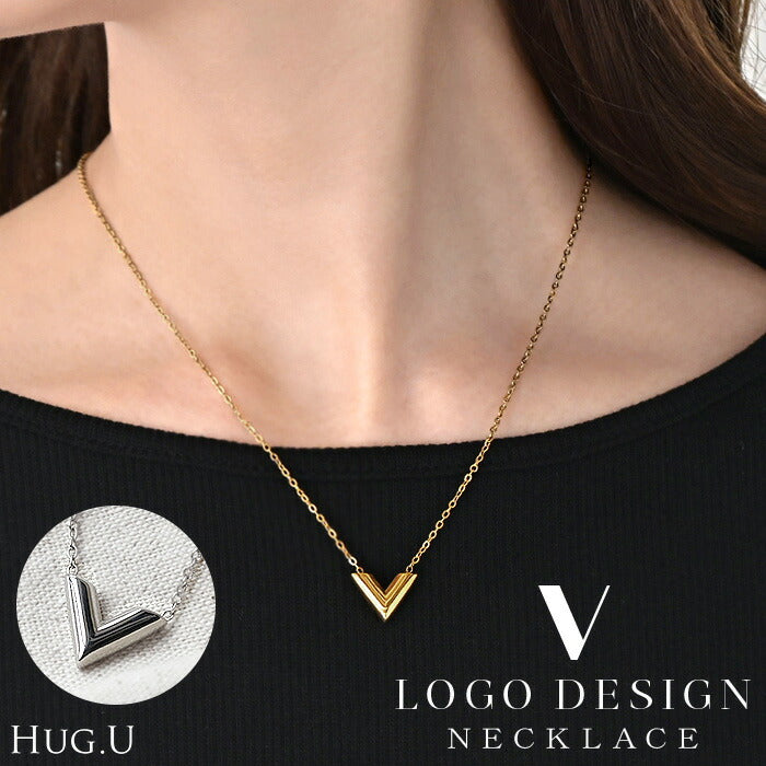 ネックレス V字 ロゴ モチーフ レディース アクセサリー チェーン ロング ロングネックレス オブジェ 錆びにくい シルバー ゴールド 長い アクセ ジュエリー おしゃれ きれいめ 高見え 高級感 プチプラ ステンレス gold silver 上品 春 夏 HUG.U メール便