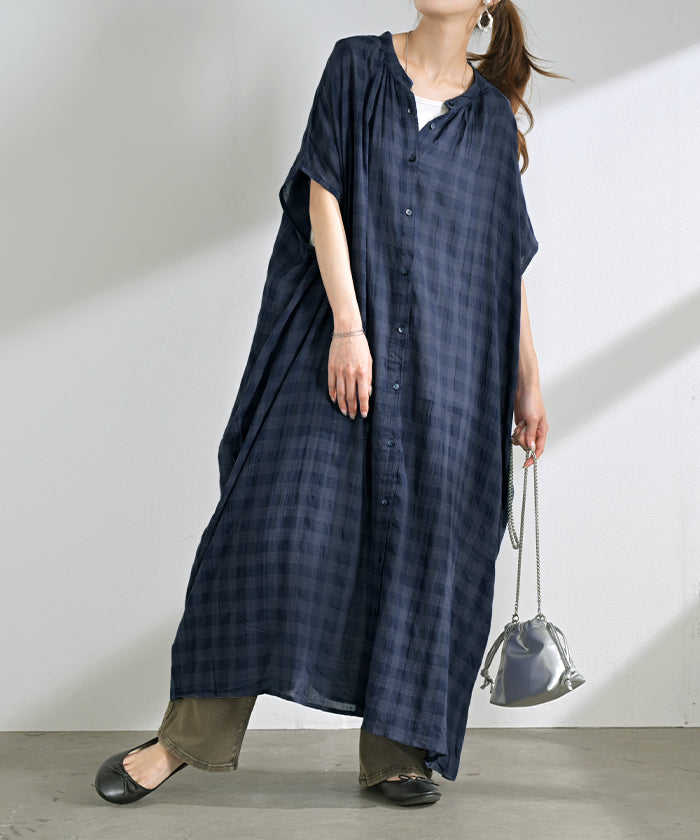 ワンピース シャツ シャツワンピース ノーカラー チェック