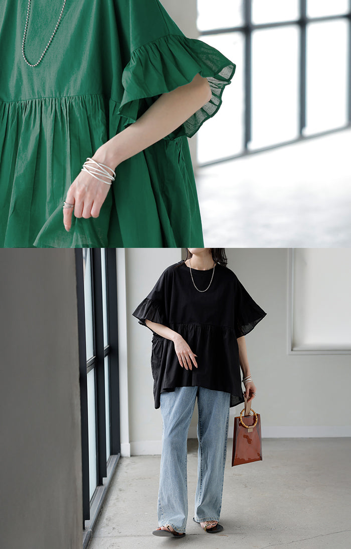 2026SS新作 ブラウス フリル 綿100 トップス ロング シャツ Tシャツ