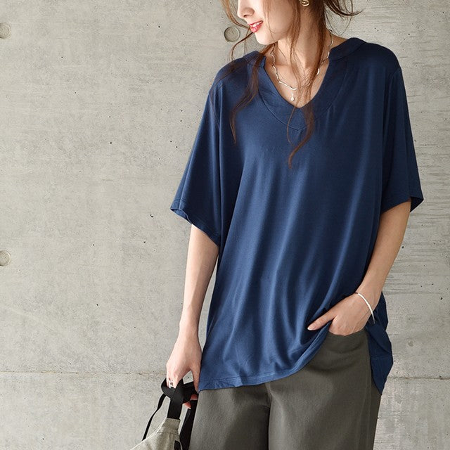tシャツ スキッパーネックT　BL レディース Tシャツ 「 とろみ感。」 カットソー スキッパー トップス