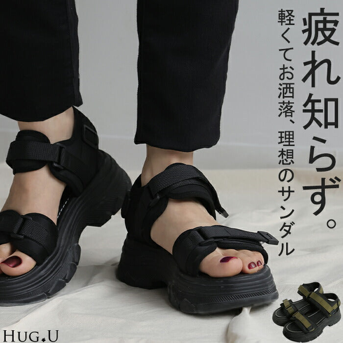 23.0cm ～ 25.0cm スポーツサンダル 厚底 サンダル レディース スポサン 5cm ソール ベルト ベルクロ 厚底サンダル 旅行 黒 ビーチサンダル コンフォートサンダル カジュアル 靴 歩きやすい 走れる フラットサンダル 疲れない シューズ 黒 春 夏 HUG.U