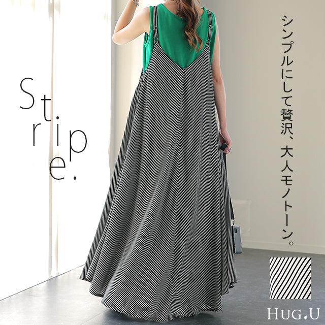 ワンピース レディース ロングワンピース ロングワンピ マキシワンピース マキシワンピ マキシ ロング ノースリーブ ストライプ ロング丈 Aラインワンピース フレアワンピース フレア Aライン 大きいサイズ ビッグシルエット 春 夏 HUG.U x712