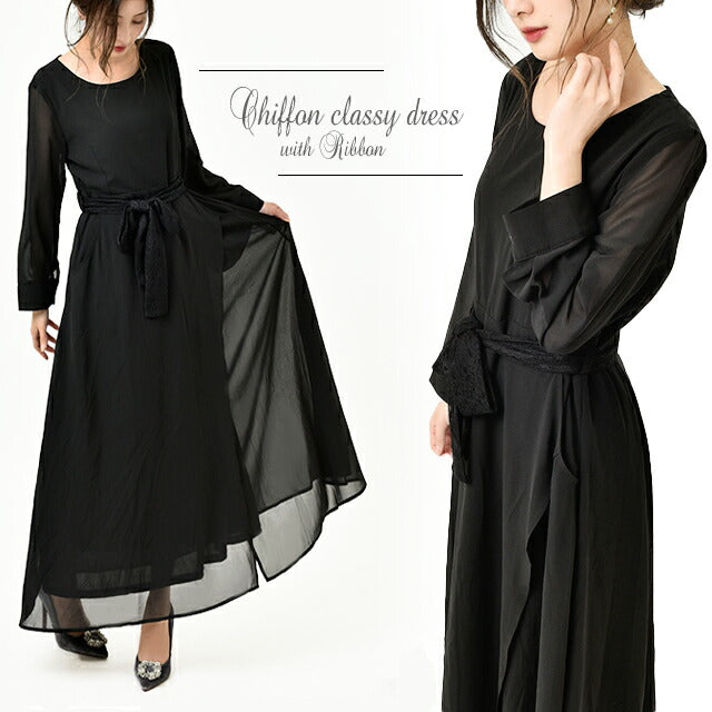 XL 袖シフォン 黒 ワンピース レディース フォーマル 透け感 結婚式 フォーマル 「 大人にちょうどいい」 ワンピース シフォンワンピース