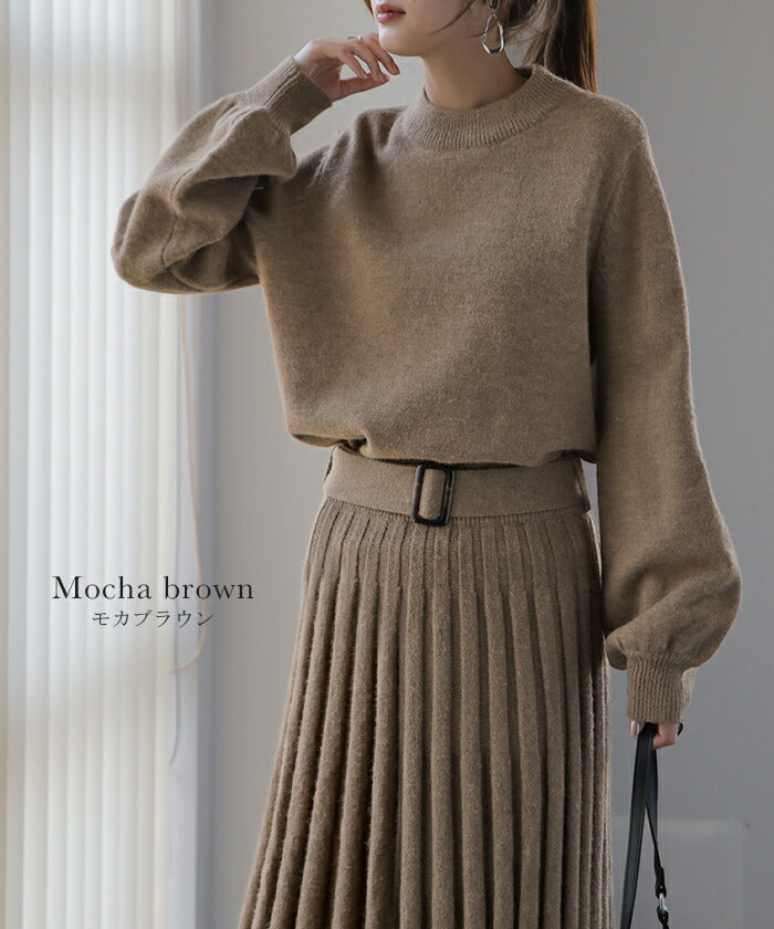 3点セット「袖ぽわん＋ニットプリーツ＋ベルト」 セットアップ ニット