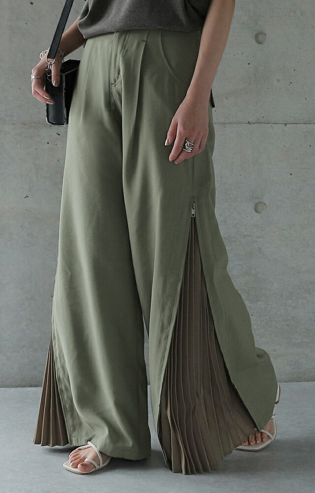 【美品】 プリーツプリーズ 23SS 変形 ワイド パンツ 斜めプリーツ 緑 2 美品】 プリーツプリーズ 23SS 変形 ワイド パンツ 斜めプリーツ